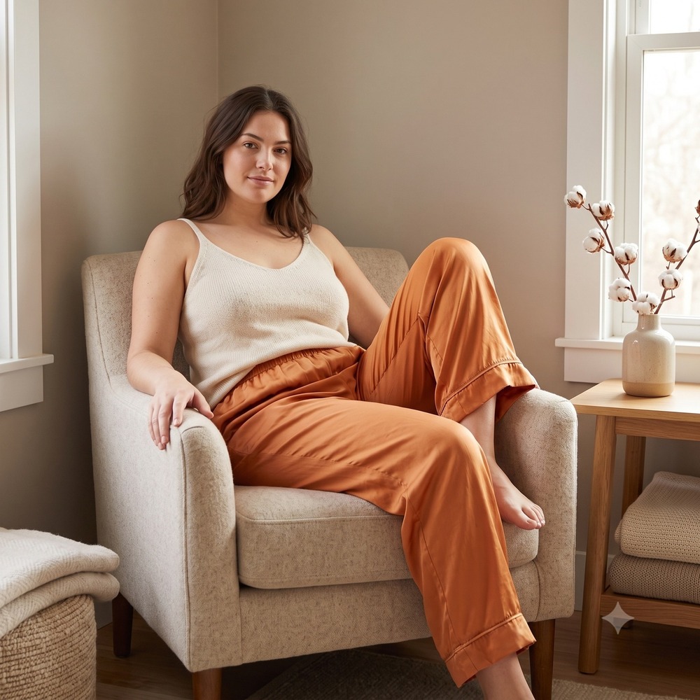 Eberjey Womens Pants XL Orange 100% Silk Elastic Waist Wide Leg Sleepwear Lounge